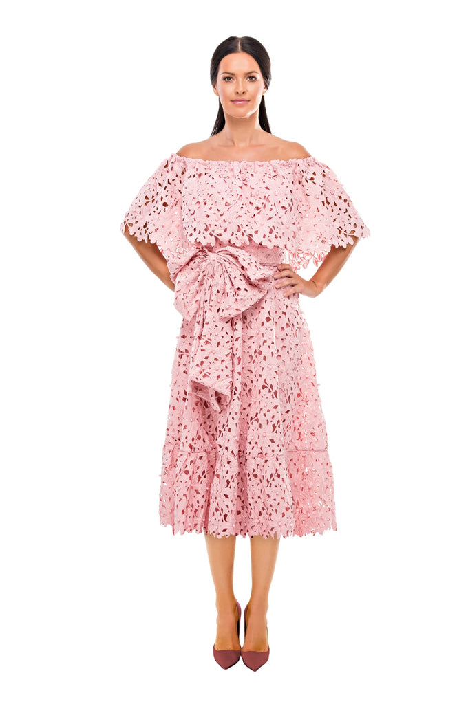 strapless open back dress Pink Pearl Lace Off Shoulder Dress – Bambah