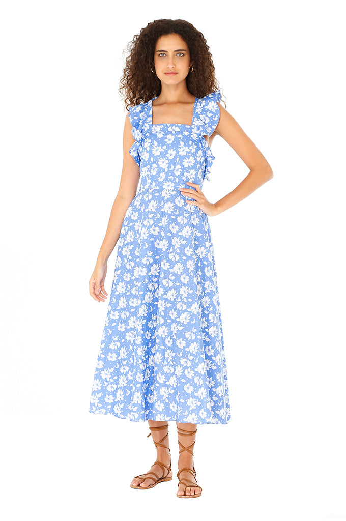 Blue Poplin Backless Midi Dress