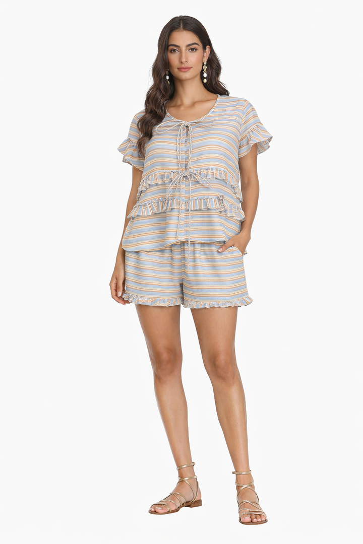 Grey Striped Ruffle Top
