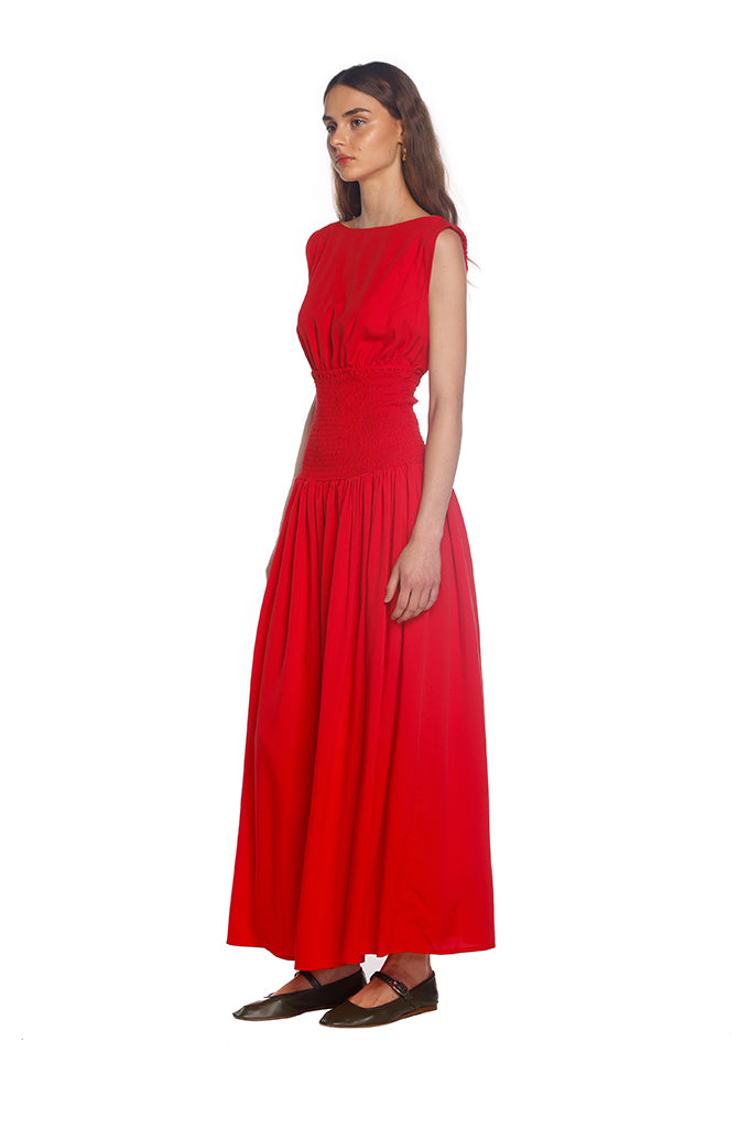 Red Ruched Backless Dress