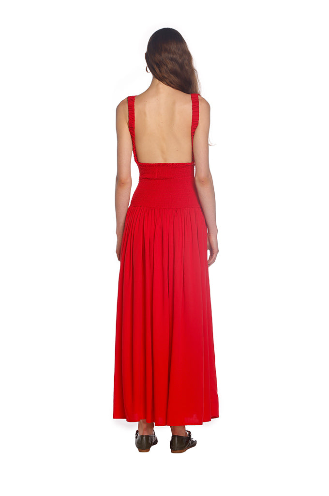 Red Ruched Backless Dress