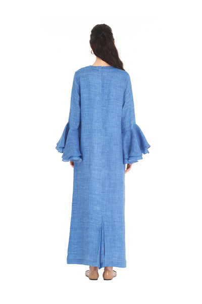 Blue Linen Ruffle Kaftan