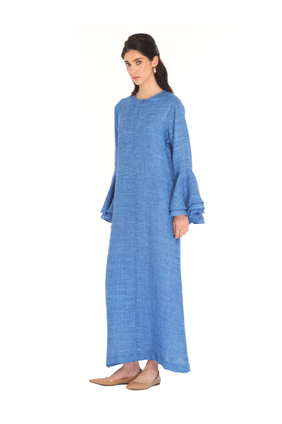 Blue Linen Ruffle Kaftan