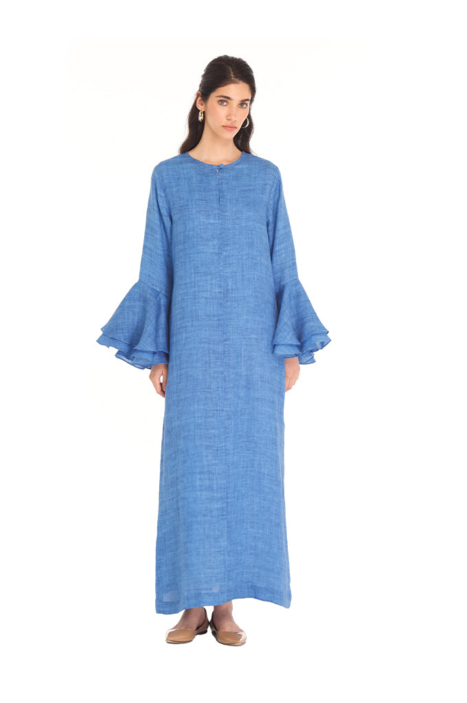 Blue Linen Ruffle Kaftan