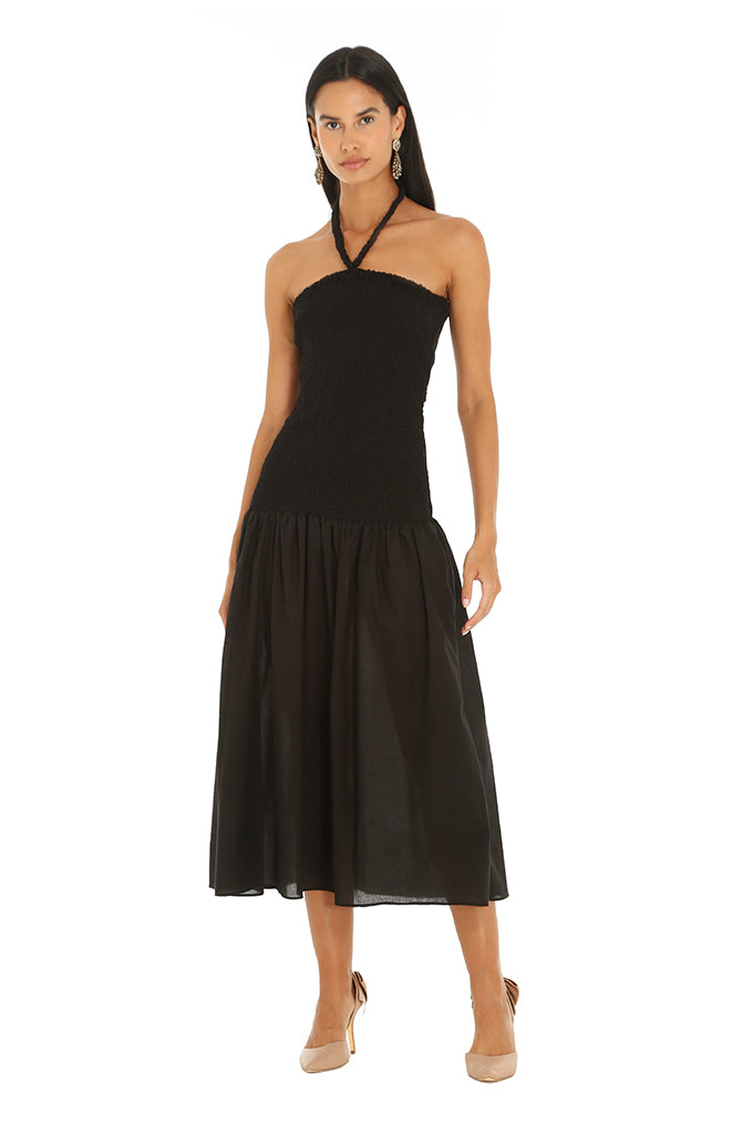 Black Poplin Elasticized Dress