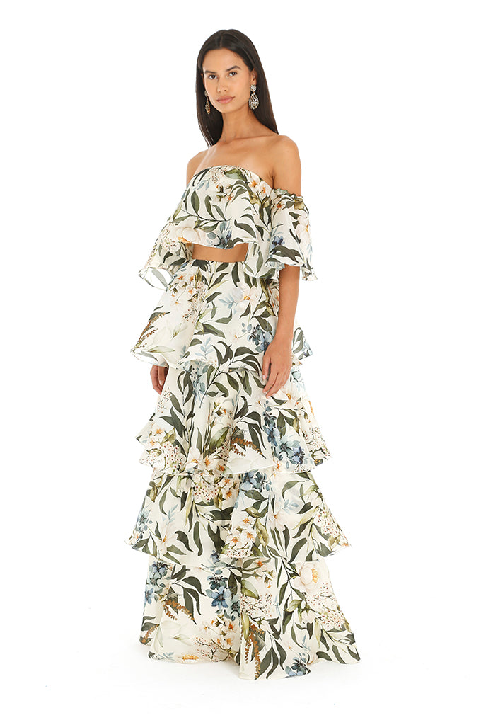 White Gardenia Ruffle Maxi Skirt