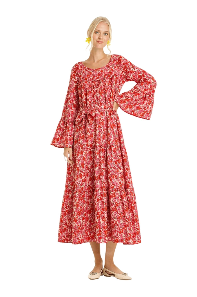 red sunflower dress Maroon Red Sunflower Halter Neck Cotton Maxi Dress with Back Tie Up AMARAA