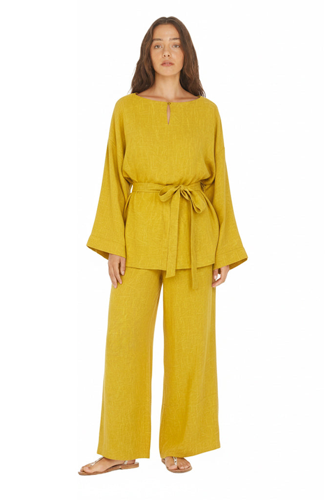 Belted Tunic Top and Wide-leg Wrap Pants Set