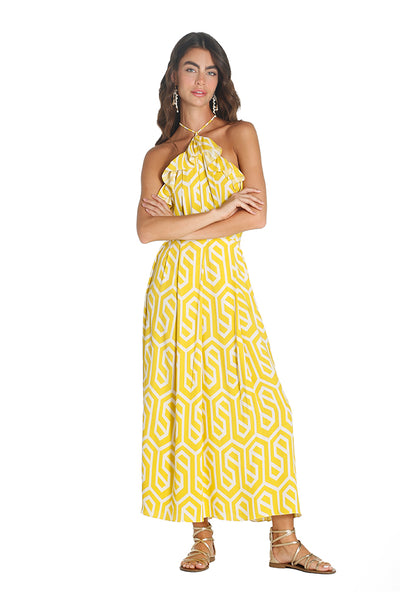 Yellow Geometric Ruffle Dress Maxi