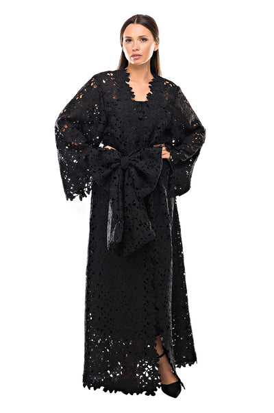 Black Lace Crochet Abaya Kaftan