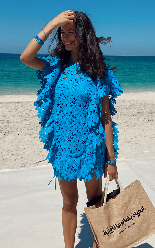 Blue Lace Crochet Ruffle Tunic