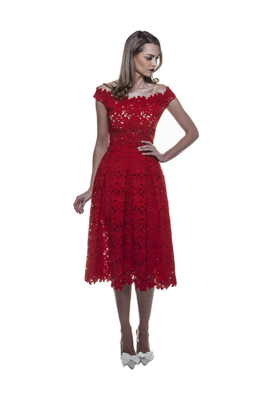 Red Lace Midi Skirt