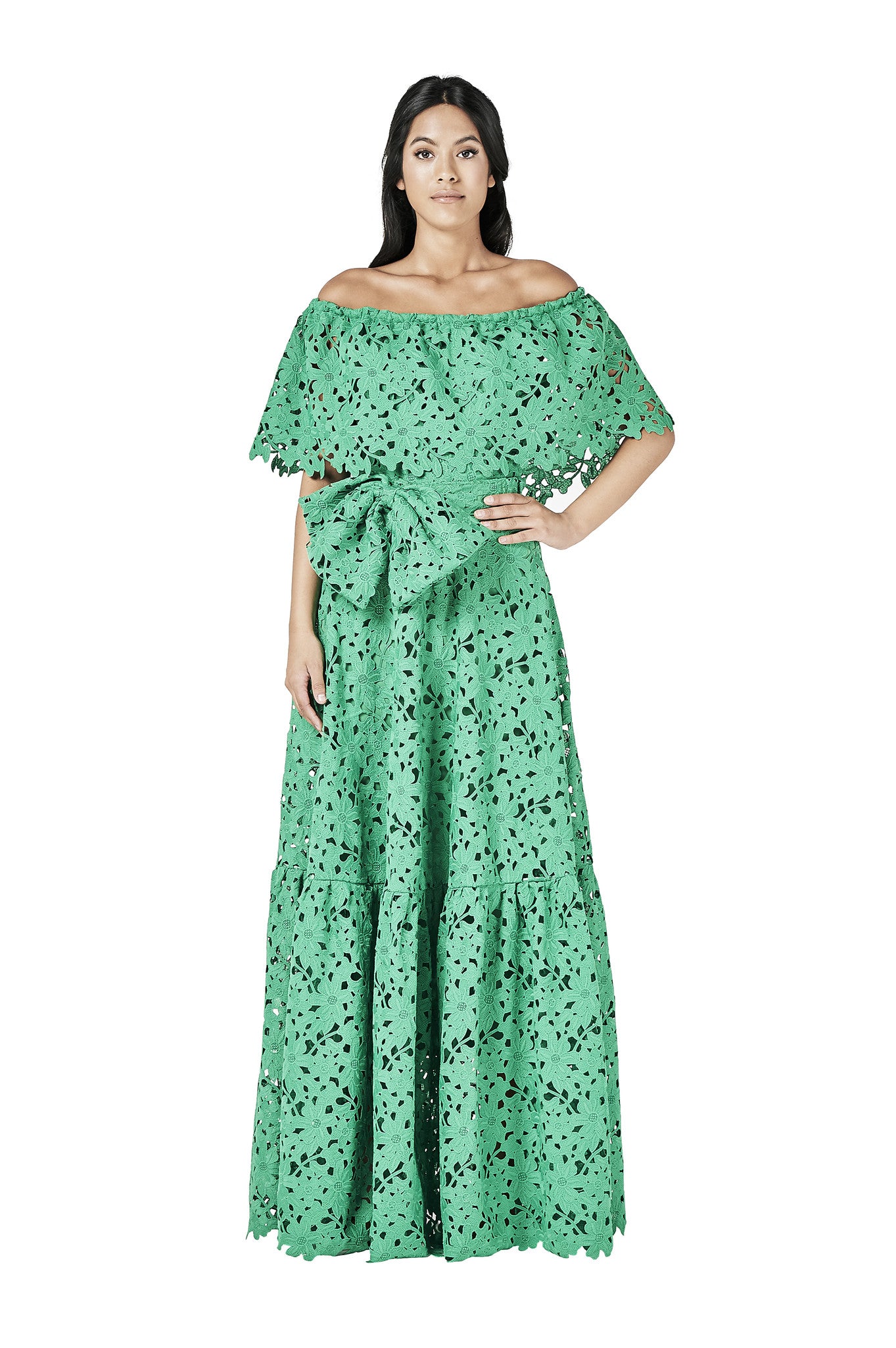 Green Lace Crochet Off Shoulder Dress Maxi